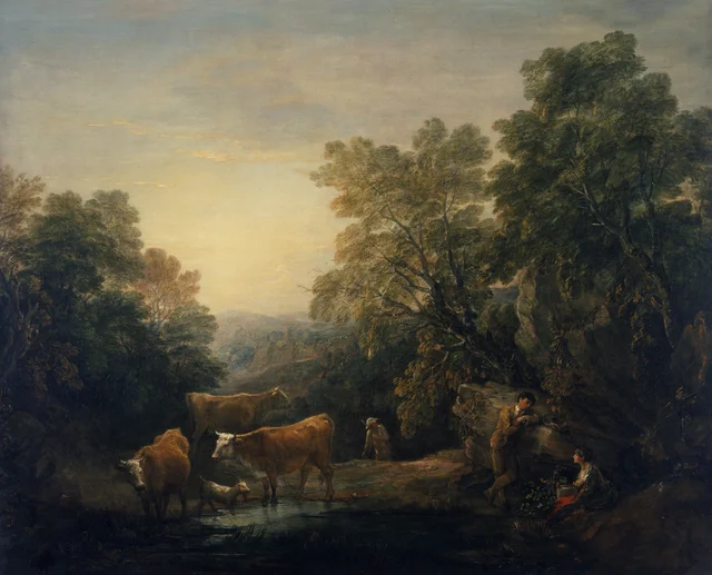 Paisaje arbolado y rocoso con enamorados rústicos, un vaquero y vacas, Thomas Gainsborough