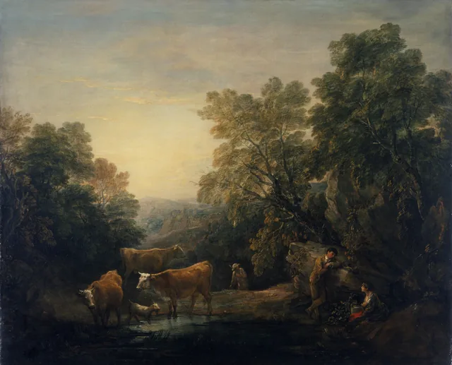 Paysage boisé et rocheux avec des amoureux rustiques, un bouvier et des vaches