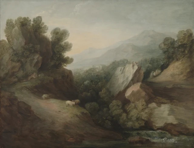 Paisaje arbolado y rocoso con una hondonada y una presa, Thomas Gainsborough