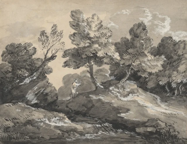 Paisaje arbolado y rocoso con una figura junto a un arroyo