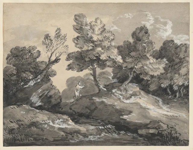 Paysage boisé et rocheux avec une figure au bord d'un ruisseau