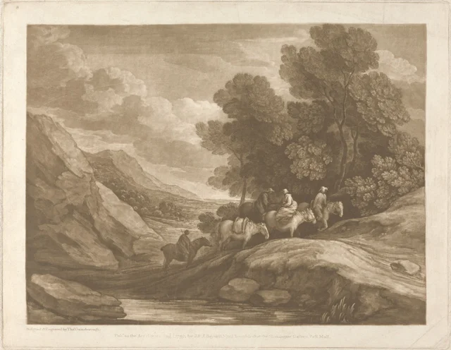 Paysage de hautes terres boisées avec des cavaliers et un cheval de bât