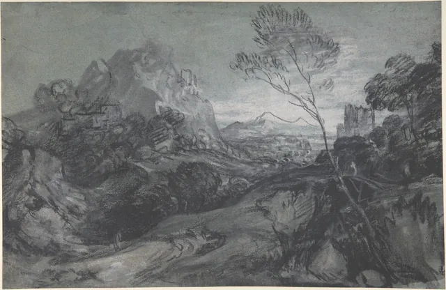 Paysage de montagne avec des figures et des bâtiments