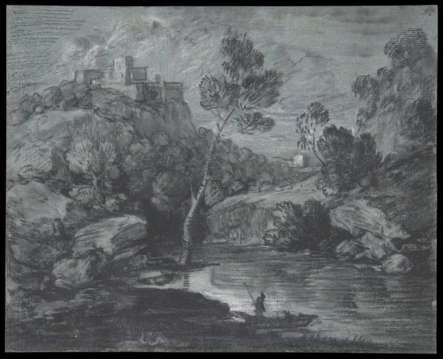 Paysage de montagne avec un château et un batelier