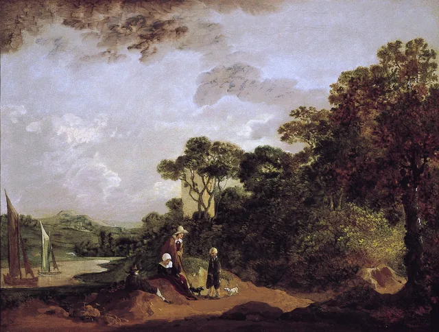 Wooded River Landscape with Peasants Resting and Church Tower