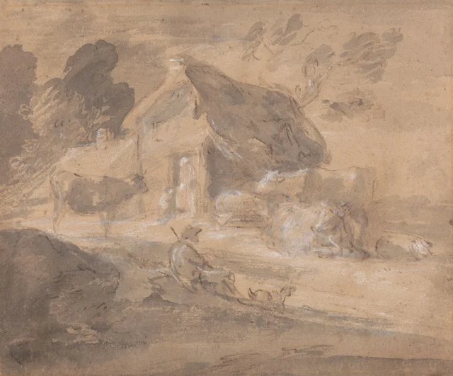 Paisaje abierto con personajes, vacas y una casa de campo, Thomas Gainsborough