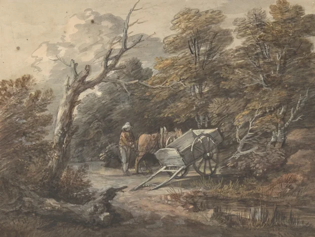 Escena de bosque con un campesino, un caballo y un carro