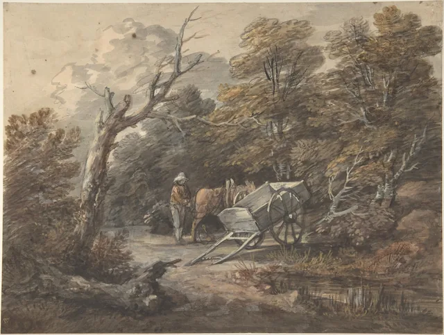 Scène de bois avec un paysan, un cheval et une charrette