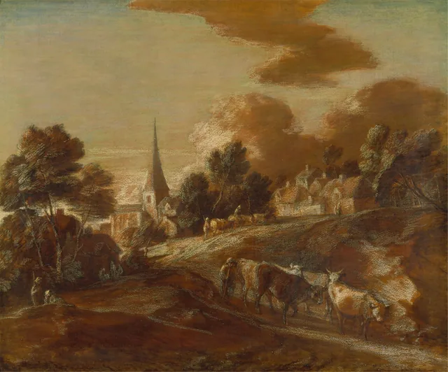 Village boisé imaginaire avec des bouviers et du bétail