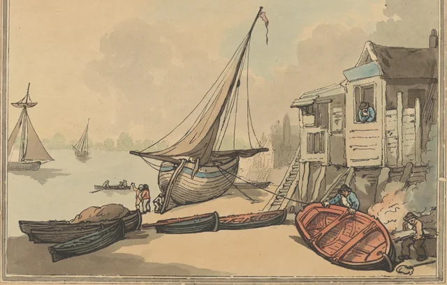 Barques à rames et voilier sur une rive