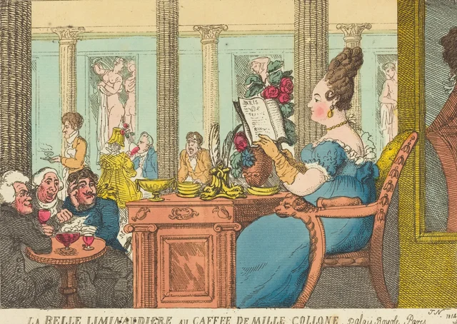 La bella limonadera en el café de las Mil Columnas, Palais Royal, París, Thomas Rowlandson
