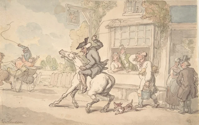 El doctor Syntax con un caballo reacio ante una posada
