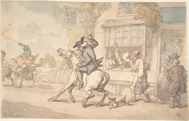 Le Dr Syntax avec un cheval rétif devant une auberge