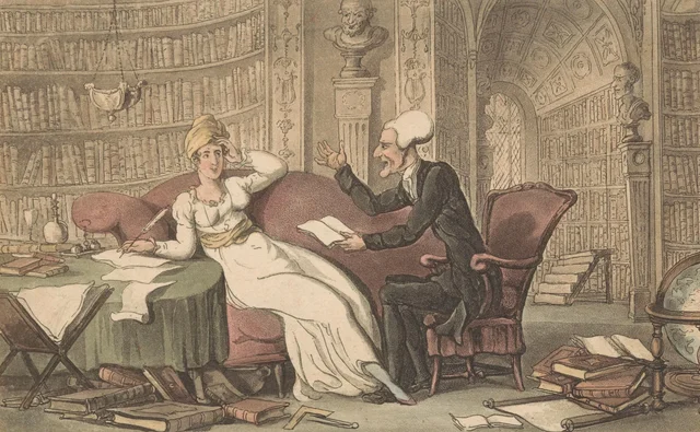 El doctor Syntax con una mujer en una biblioteca