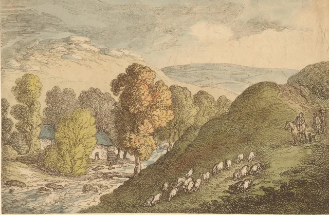 Paisaje de colinas con ovejas