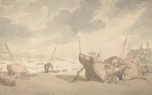 Escena de puerto con la marea baja, con barcos varados