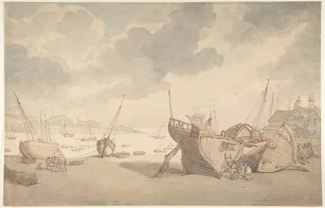 Scène de port à marée basse, avec des bateaux échoués