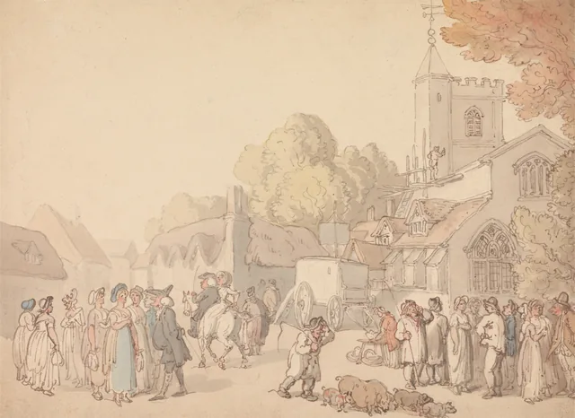 Une scène de village devant une église