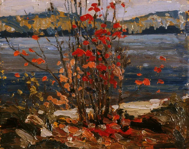 Lago y árbol rojo