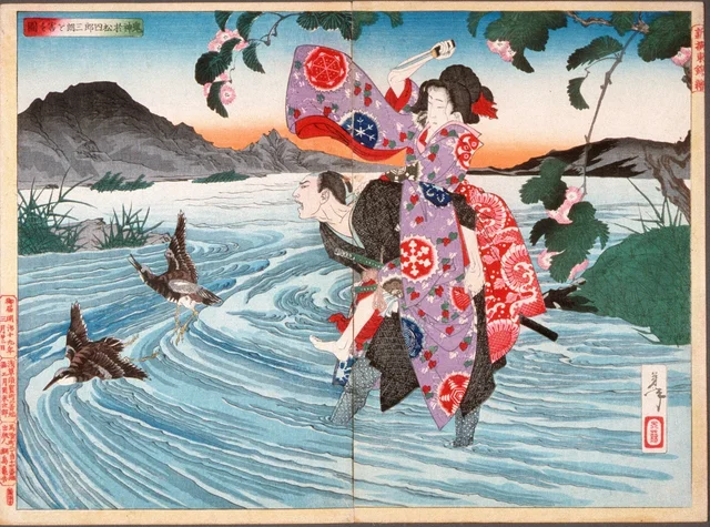 The Demon Omatsu Kills Shirōsaburō in the Ford, Tsukioka Yoshitoshi