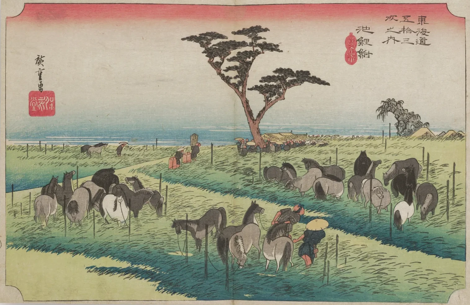 Chiryū, la feria de caballos de verano, de la serie Las cincuenta y tres estaciones del Tōkaidō (edición Hōeidō), Utagawa Hiroshige