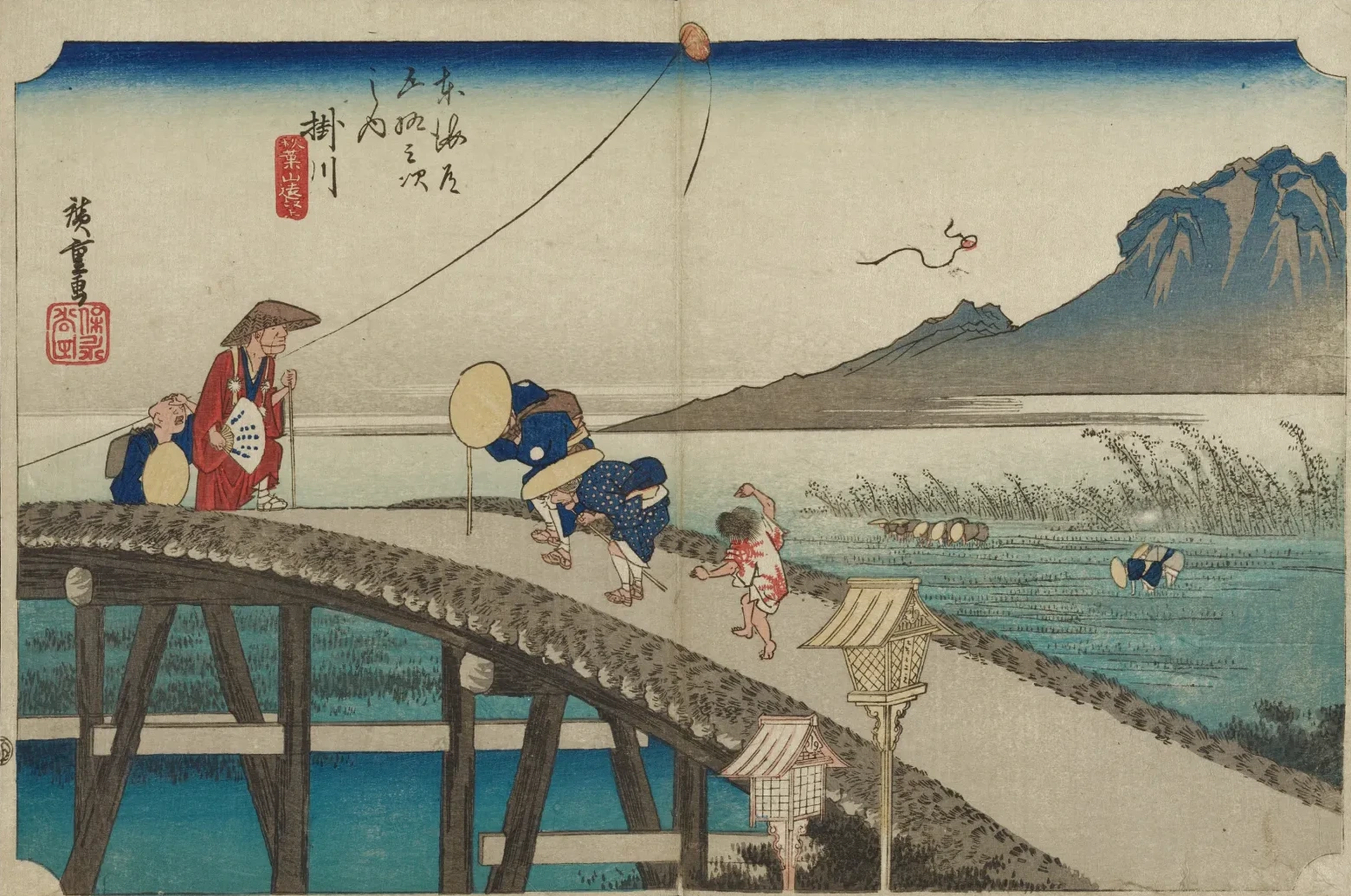 Kakegawa, vue lointaine du mont Akiha, de la série Les Cinquante-trois Stations du Tōkaidō (édition Hōeidō), Utagawa Hiroshige