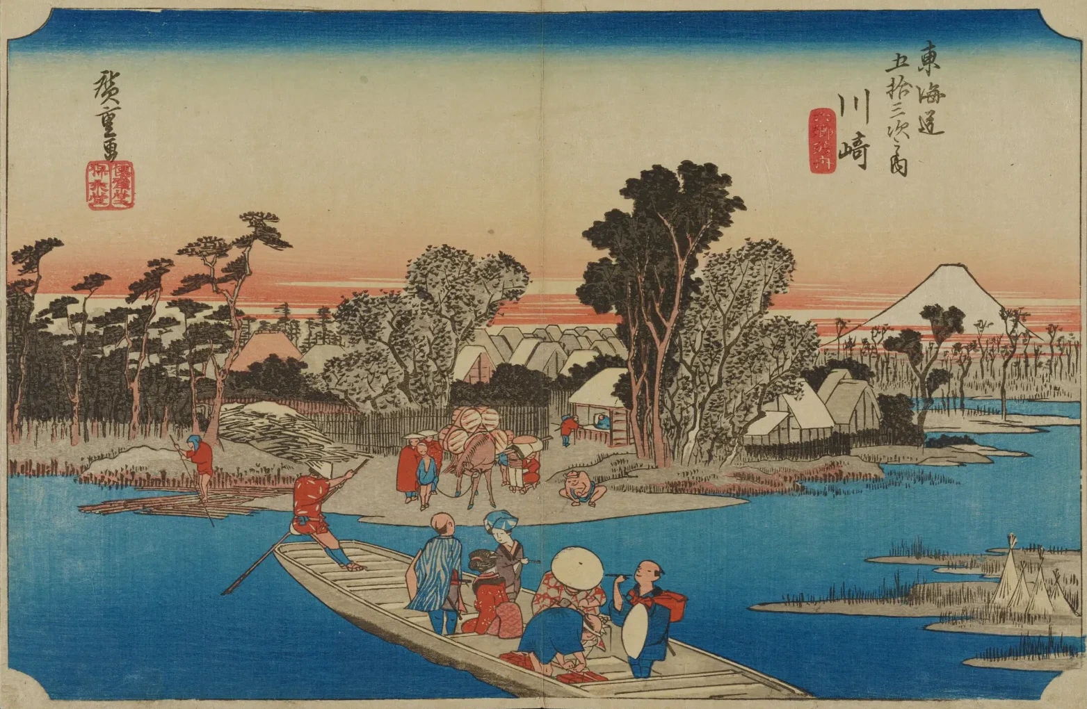 Kawasaki, el transbordador de Rokugō, de la serie Las cincuenta y tres estaciones del Tōkaidō (edición Hōeidō), Utagawa Hiroshige
