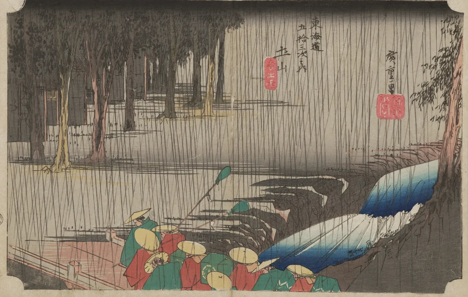 Tsuchiyama, pluie de printemps, de la série Les Cinquante-trois Stations du Tōkaidō (édition Hōeidō), Utagawa Hiroshige