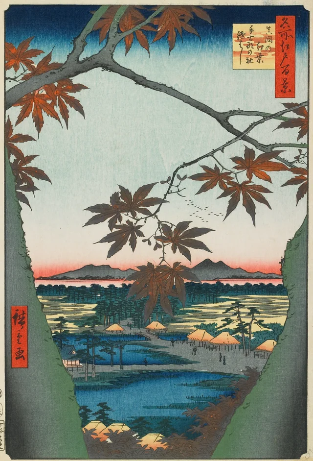 El santuario Tekona y el puente Tsugihashi entre los arces de Mama, de la serie Cien vistas famosas de Edo