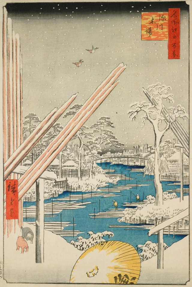 Los depósitos de madera de Fukagawa, de la serie Cien vistas famosas de Edo, Utagawa Hiroshige