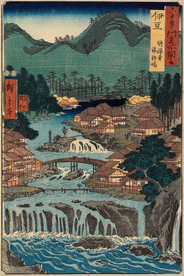 Les sources chaudes de Shuzenji, province d'Izu, de la série Vues célèbres des soixante et quelques provinces, Utagawa Hiroshige
