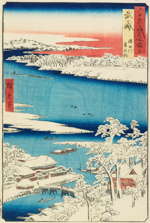 Mañana de nieve sobre el Sumida, provincia de Musashi, de la serie Vistas famosas de las sesenta y tantas provincias