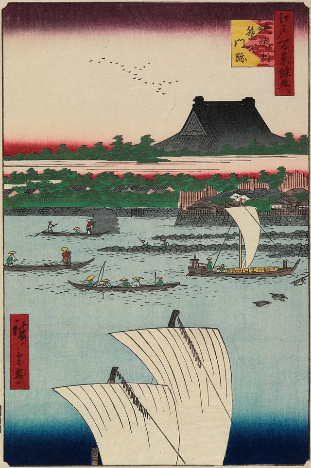 Teppōzu et le temple Tsukiji Monzeki, de la série Cent vues célèbres d'Edo, Utagawa Hiroshige
