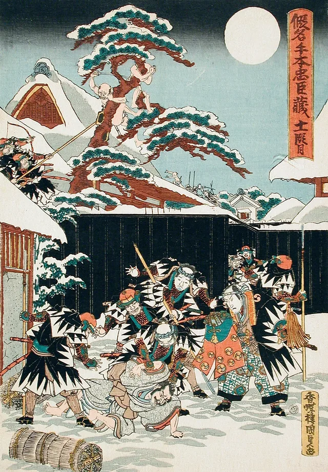 Act XI: Moronao is Dragged from Hiding and Identified by Yuranosuke, then Killed; Moronao's Retainers Being Pursued, Utagawa Kunisada