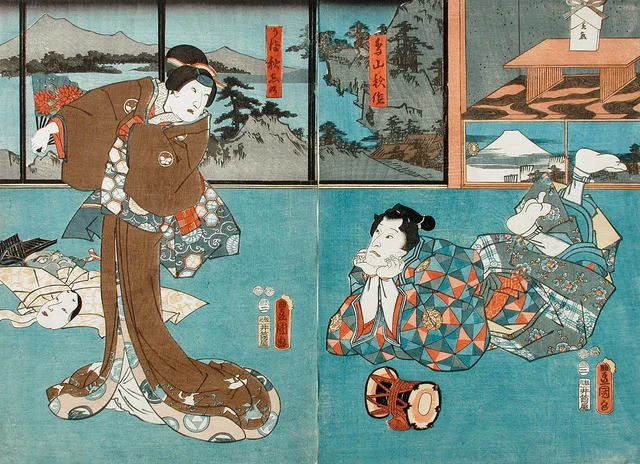 Actors in the Roles of Toriyama Shūsaku and Uba Akishino, Utagawa Kunisada