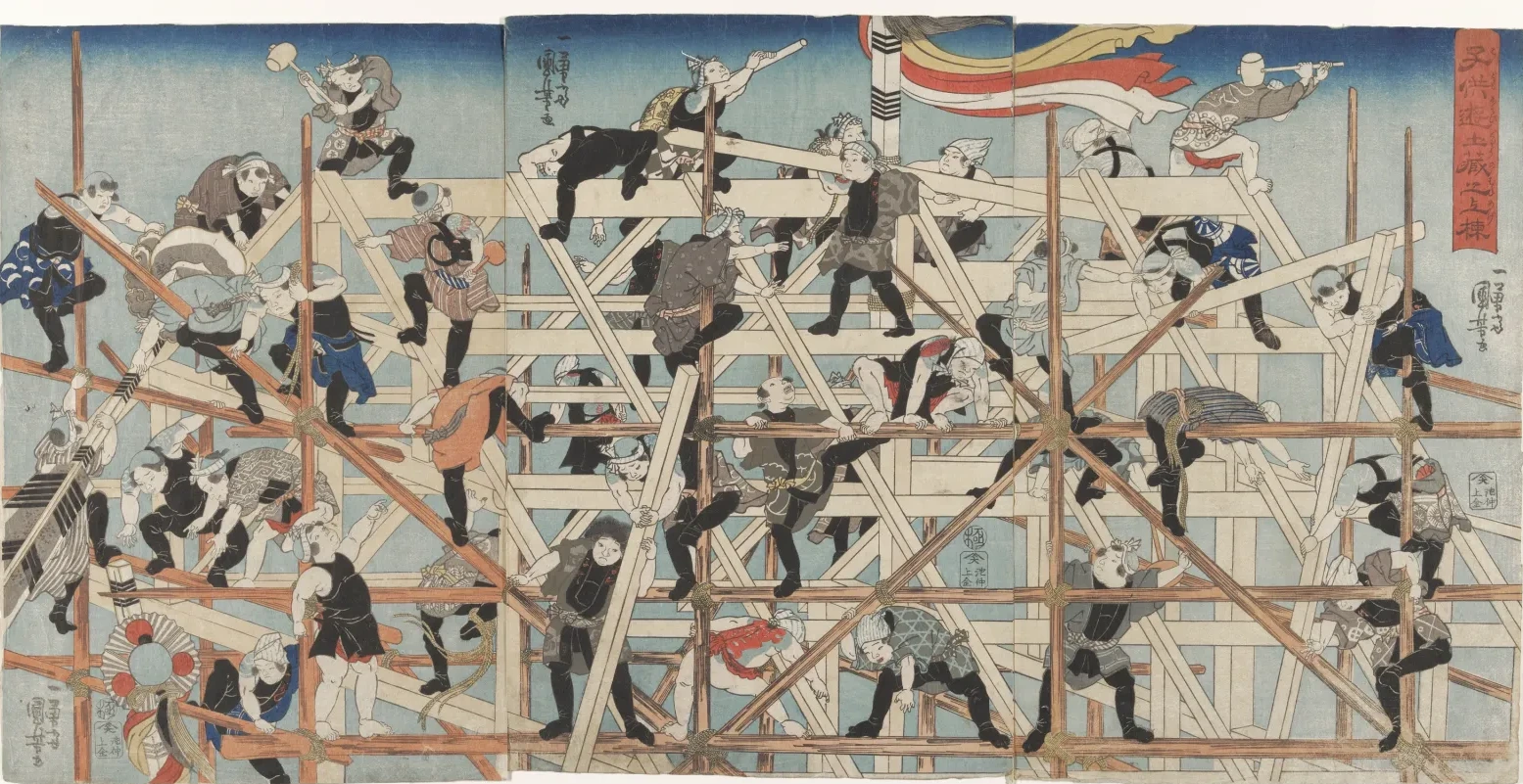 Children Setting up the Framework of a Storehouse, Utagawa Kuniyoshi