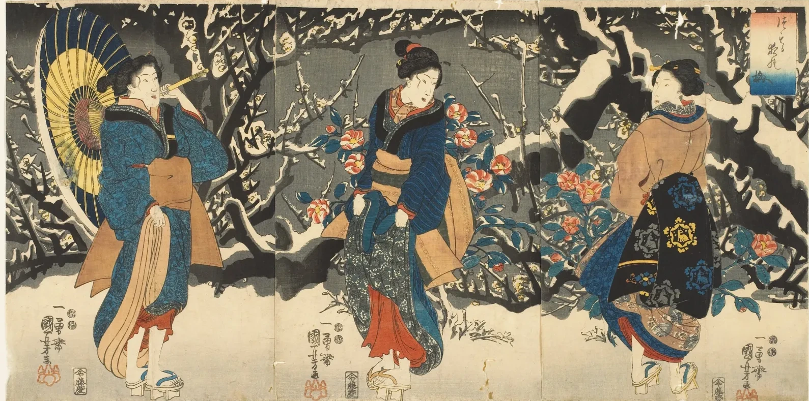 Flores de ameixeira na neve do entardecer, Utagawa Kuniyoshi