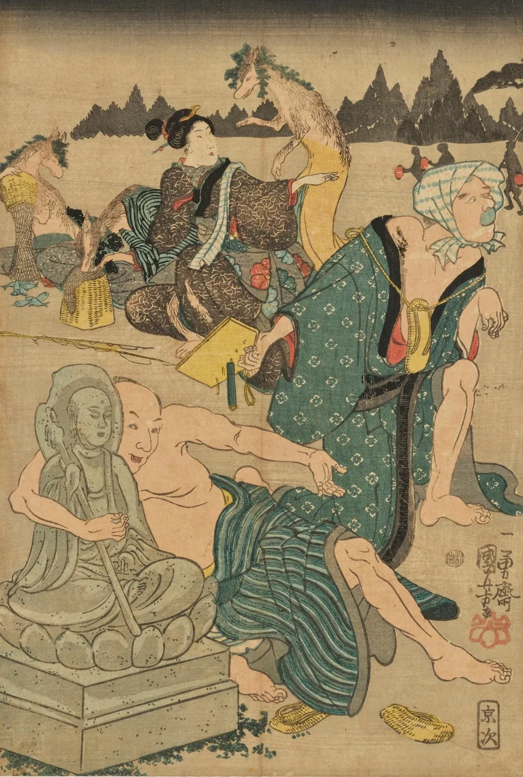 Fox Stories, sheet of a triptych, Utagawa Kuniyoshi