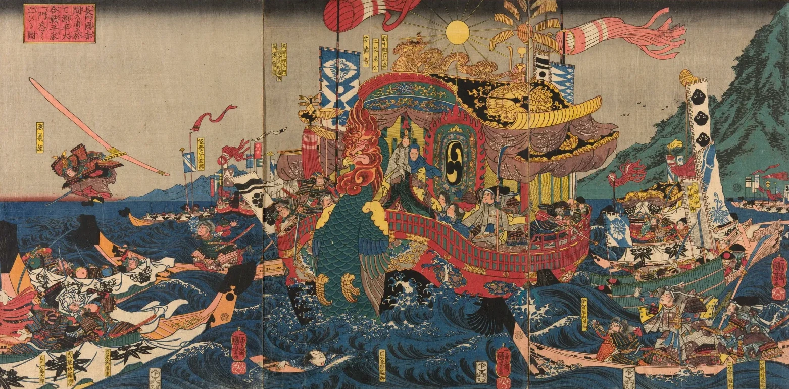 The Utter Defeat of the Taira Clan in the Great Genpei War at Akama Bay in Nagato Province (Nagato no Akama no ura ni oite Genpei ogassen Heike ichimon kotogotoku horobiru zu), Utagawa Kuniyoshi