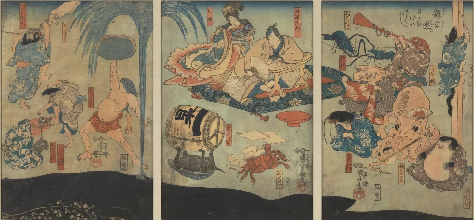 Les créatures de la mer divertissent Urashima Tarō et Oto Hime au palais du Dragon, Utagawa Kuniyoshi