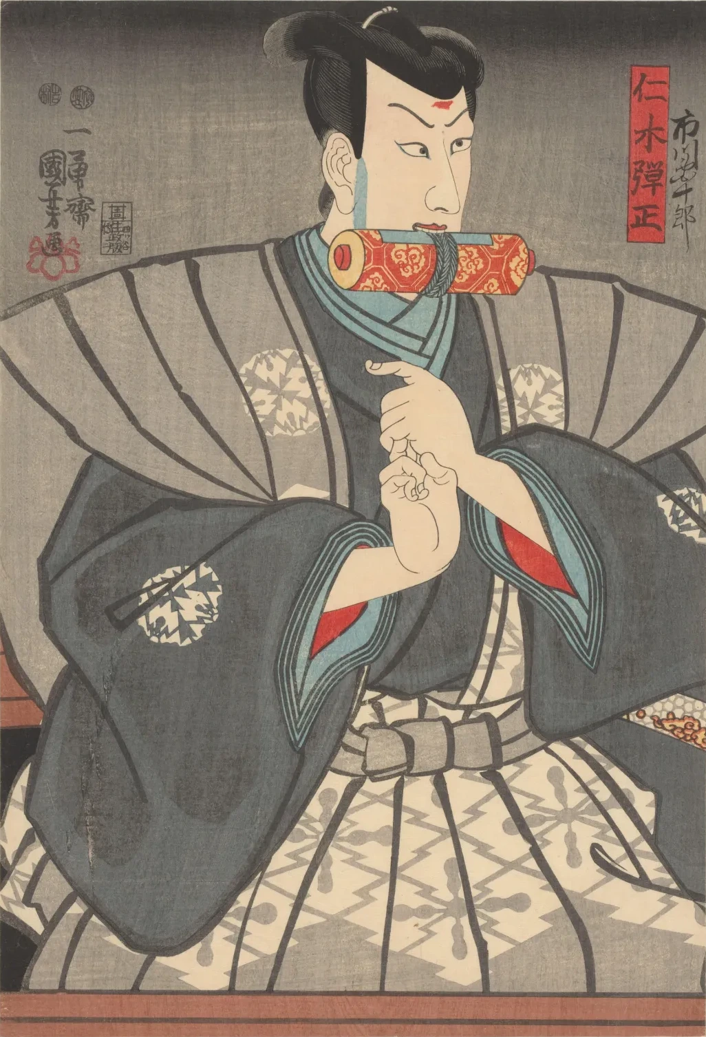 Nikki Danjô with scroll between teeth, Utagawa Kuniyoshi