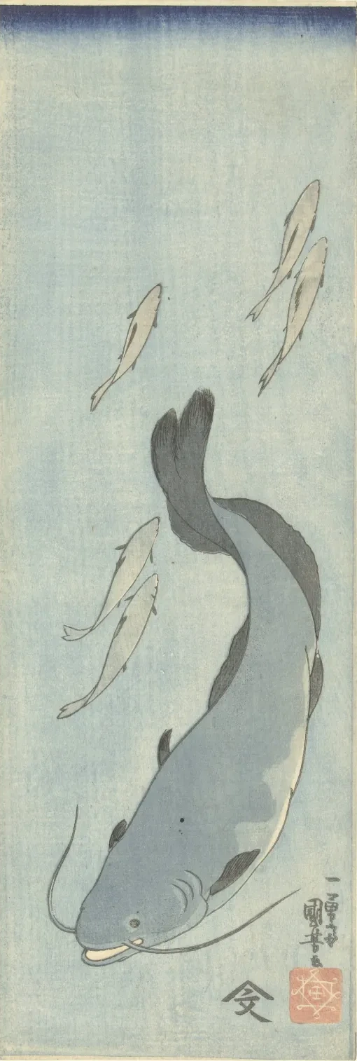 Poisson-chat et cinq truites, Utagawa Kuniyoshi