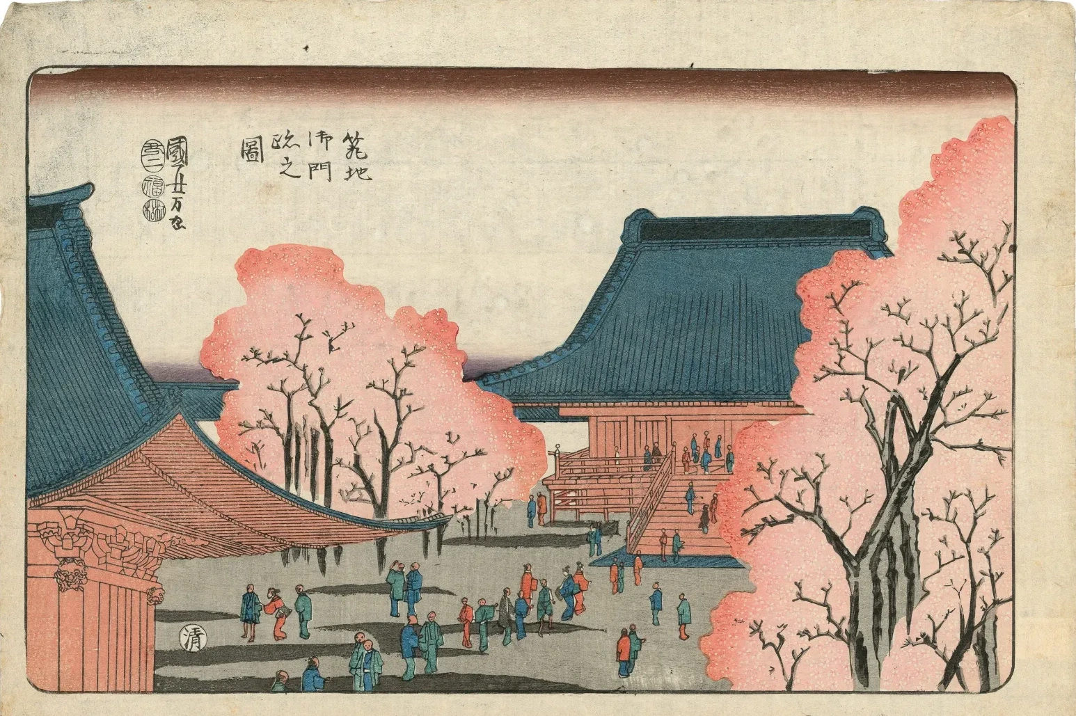 Puerta principal del templo Tsukiji Honganji, Utagawa Kuniyoshi
