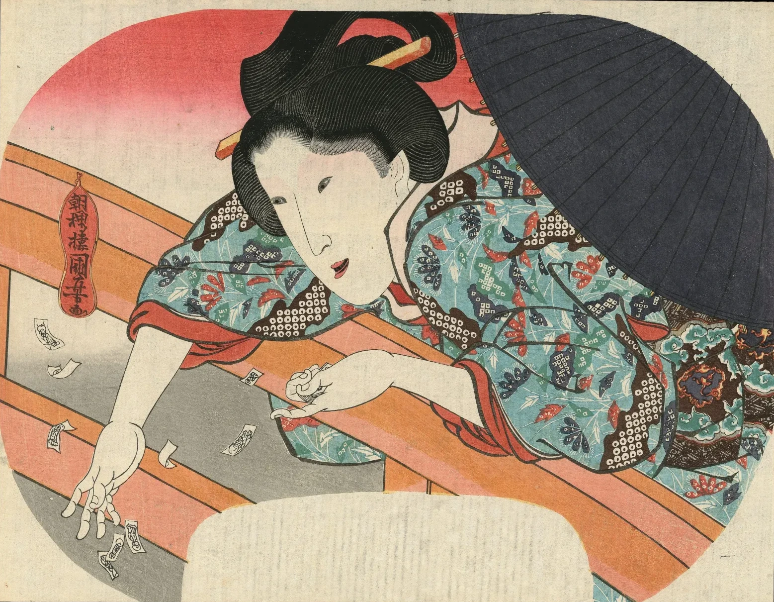 Una belleza dejando caer en el río Sumida papeles de oración al bodisatva Jizō para apaciguar los espíritus de los ahogados, Utagawa Kuniyoshi