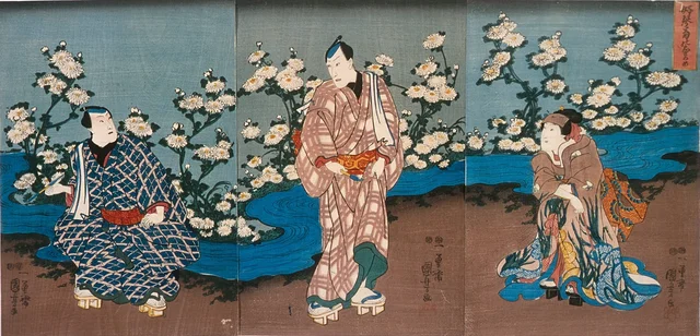 El actor Onoe Kikugorō III contemplando crisantemos y un arroyo