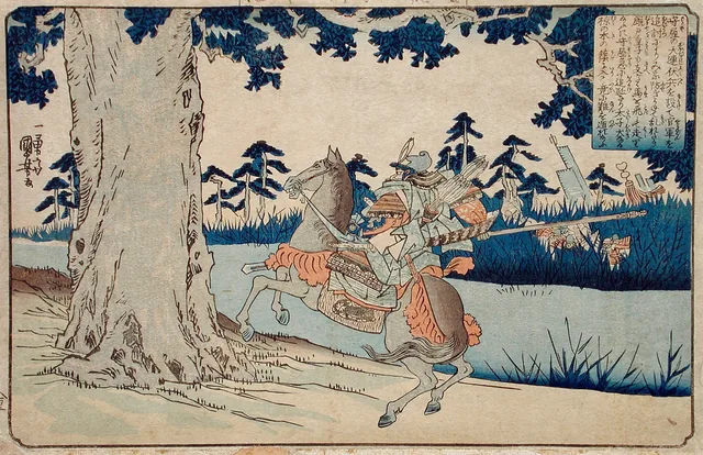 Moriya persiguiendo al príncipe Shōtoku que desaparece en un árbol
