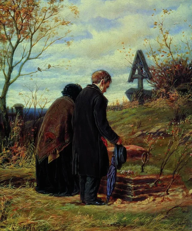 Vieux parents sur la tombe de leur fils, Vassili Perov