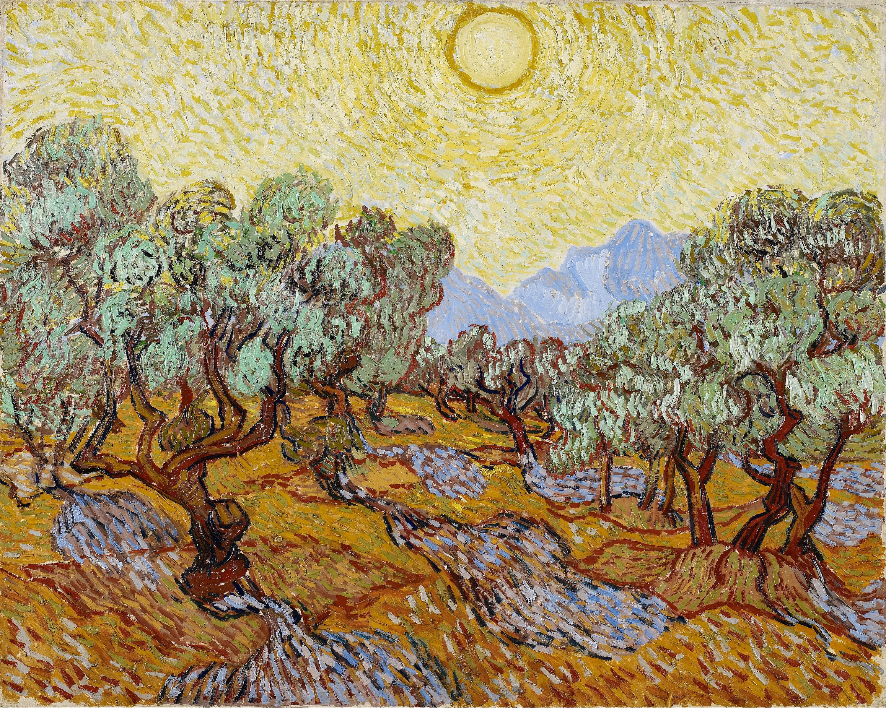 Oliviers avec ciel jaune et soleil, Vincent van Gogh