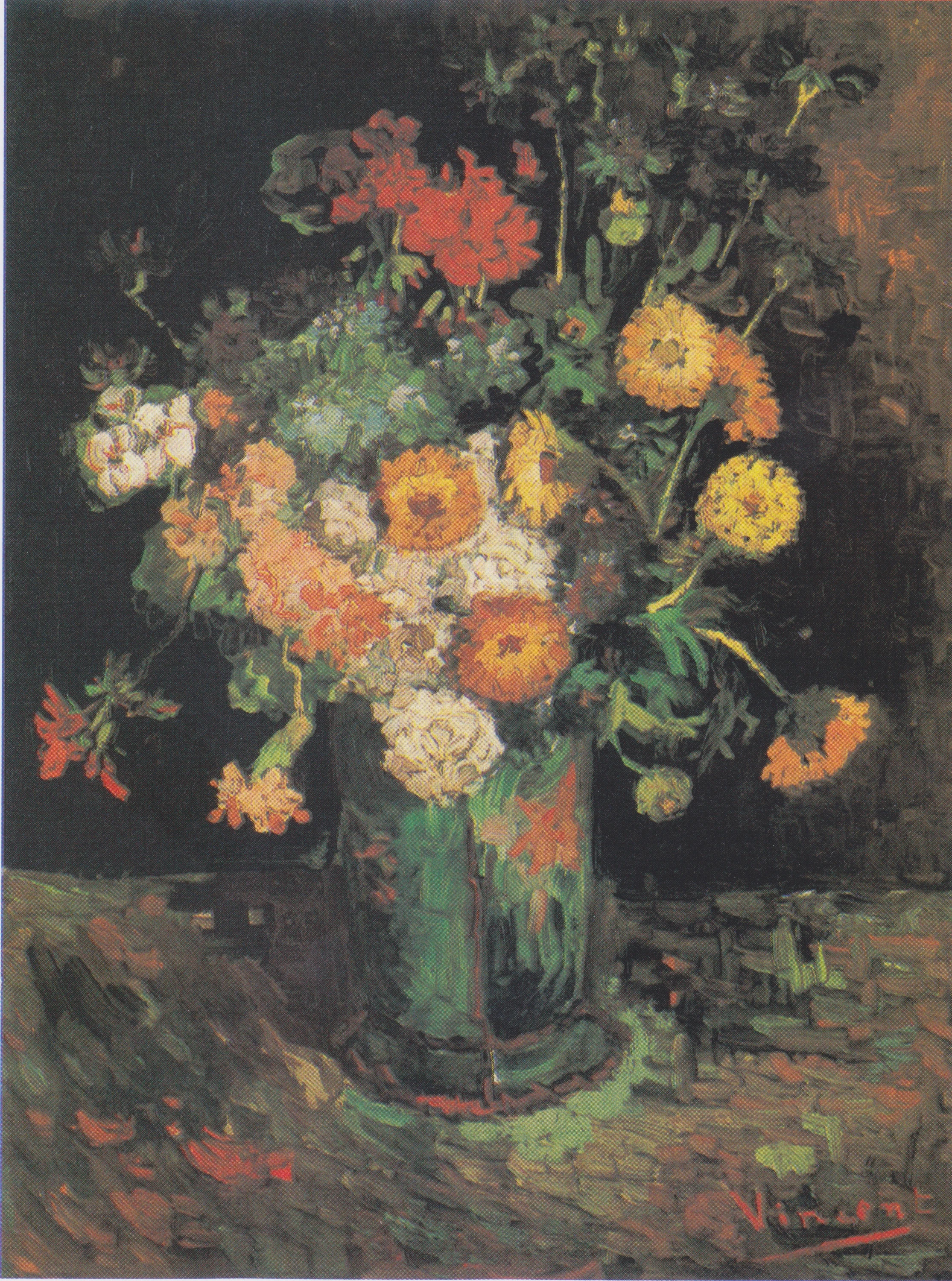 Zinnias et géraniums dans un vase, Vincent van Gogh