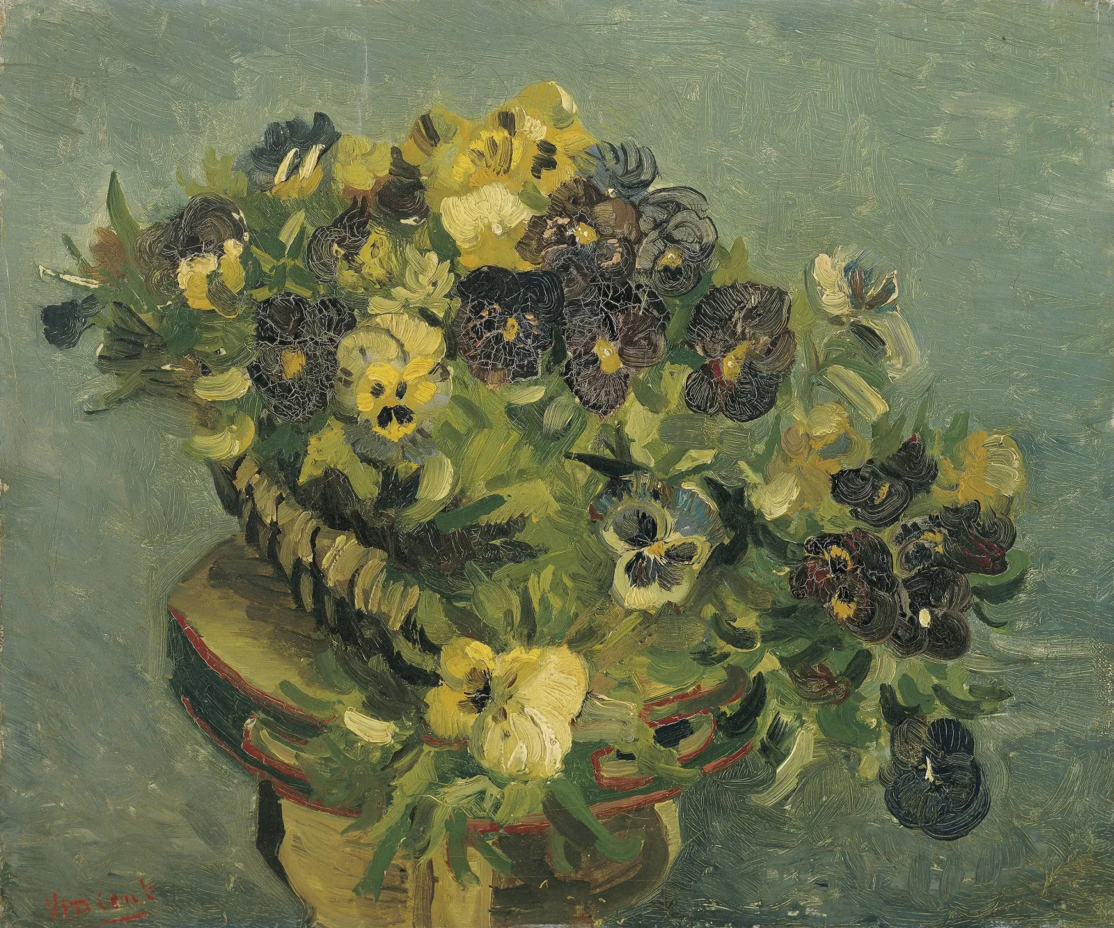 Basket of pansies on a small table, Vincent van Gogh